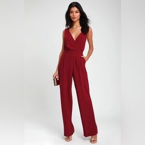 Lulu’s Kiska Burgundy Lace Wide-Leg Jumpsuit | Size M